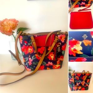 - - Nanette Lepore Demi Print Satchel W/ Wristlet Navy Watercolor With P…